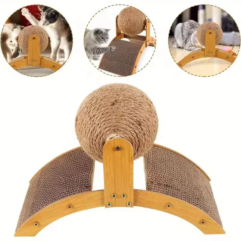 Wooden 2-in-1 Cat Scratcher with Ferris Wheel and Sisal Ball