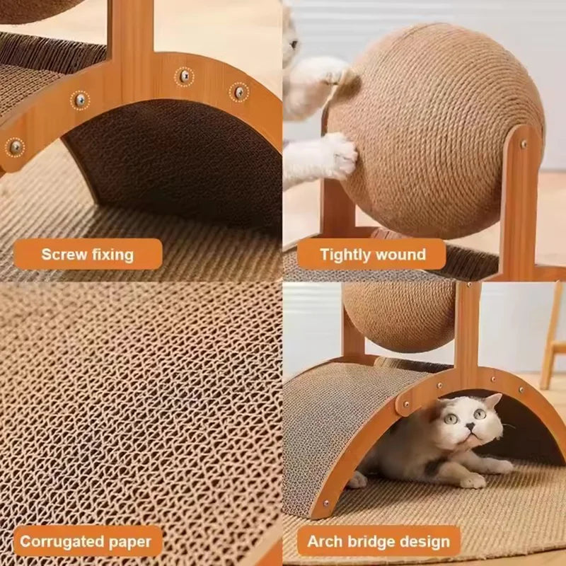 Wooden 2-in-1 Cat Scratcher with Ferris Wheel and Sisal Ball